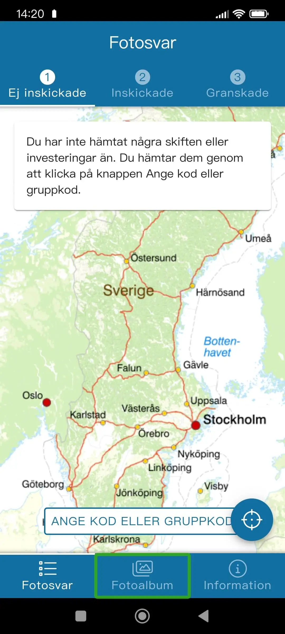 Skärmdump av Geofoto-appen via en Android-telefon. Bilden visar startfönstret i appen med en markering av en knapp som visar att verktyget TalkBack är påslaget.